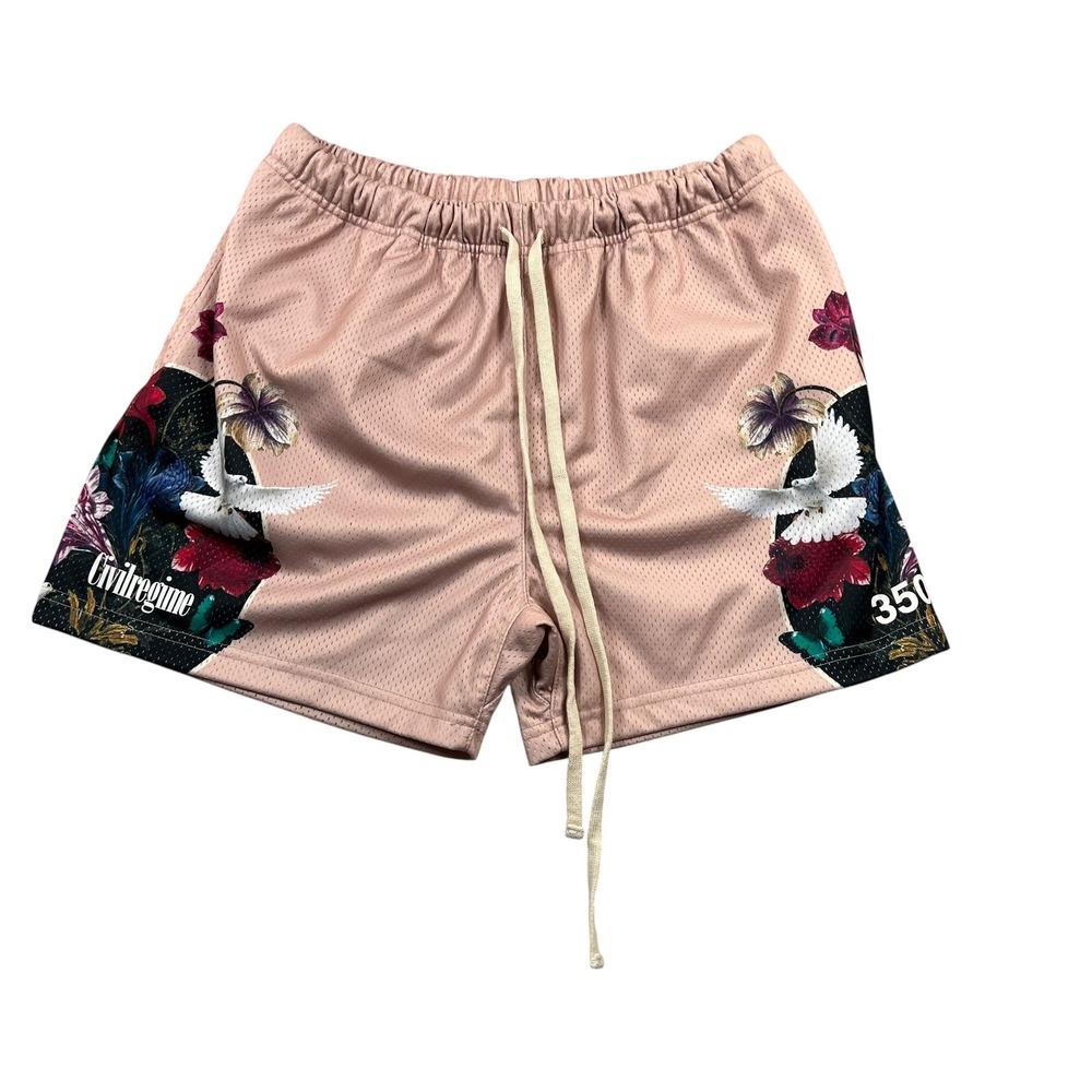 Civil Regime Mesh Shorts Mens Large Pink Floral Dove Graphic Athletic 350